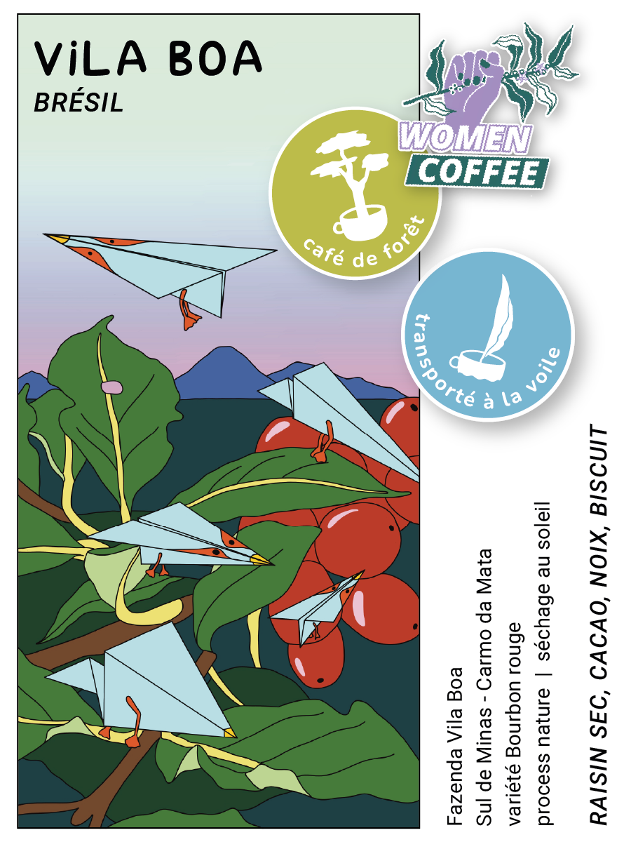 Étiquette du café Vila Boa, Brésil, avec illustration et informations du lot