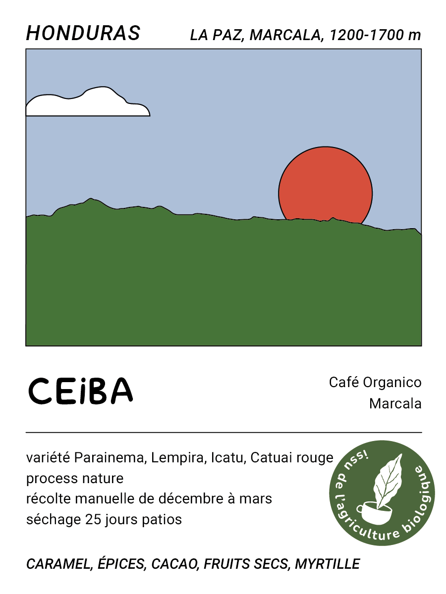 Ceiba Nature (Honduras) coffee label, Marcala, natural process, grown using organic farming practices, with caramel, spice, cocoa, dried fruit and blueberry notes.