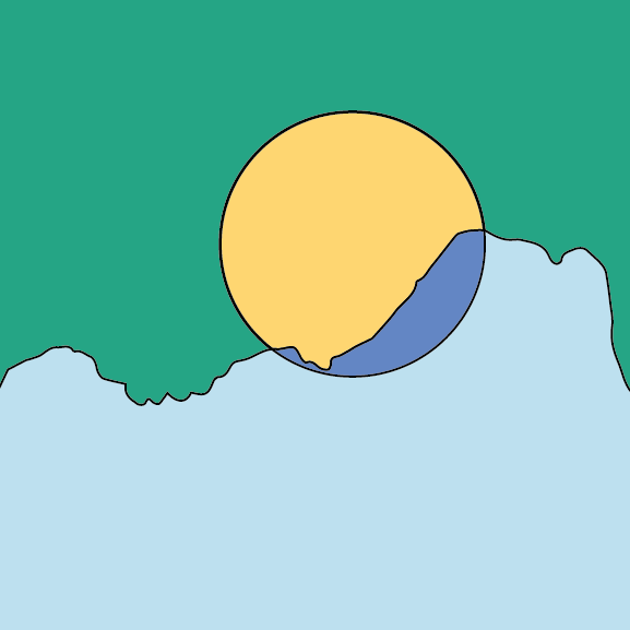 Illustration of a yellow sun setting over a blue mountain range.