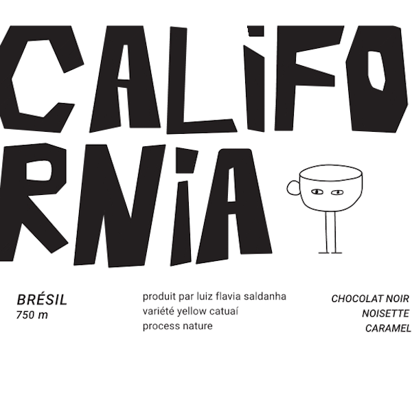 A coffee bean label with "CALIFORNIA" in large block letters, a cartoon coffee cup, and flavor notes.