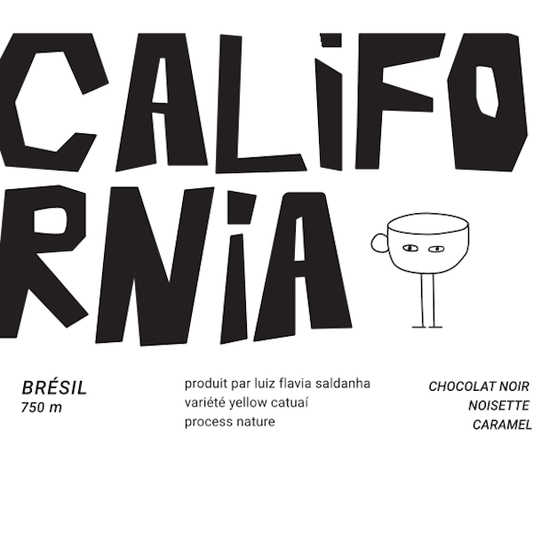 A coffee bean label with "CALIFORNIA" in large block letters, a cartoon coffee cup, and flavor notes.