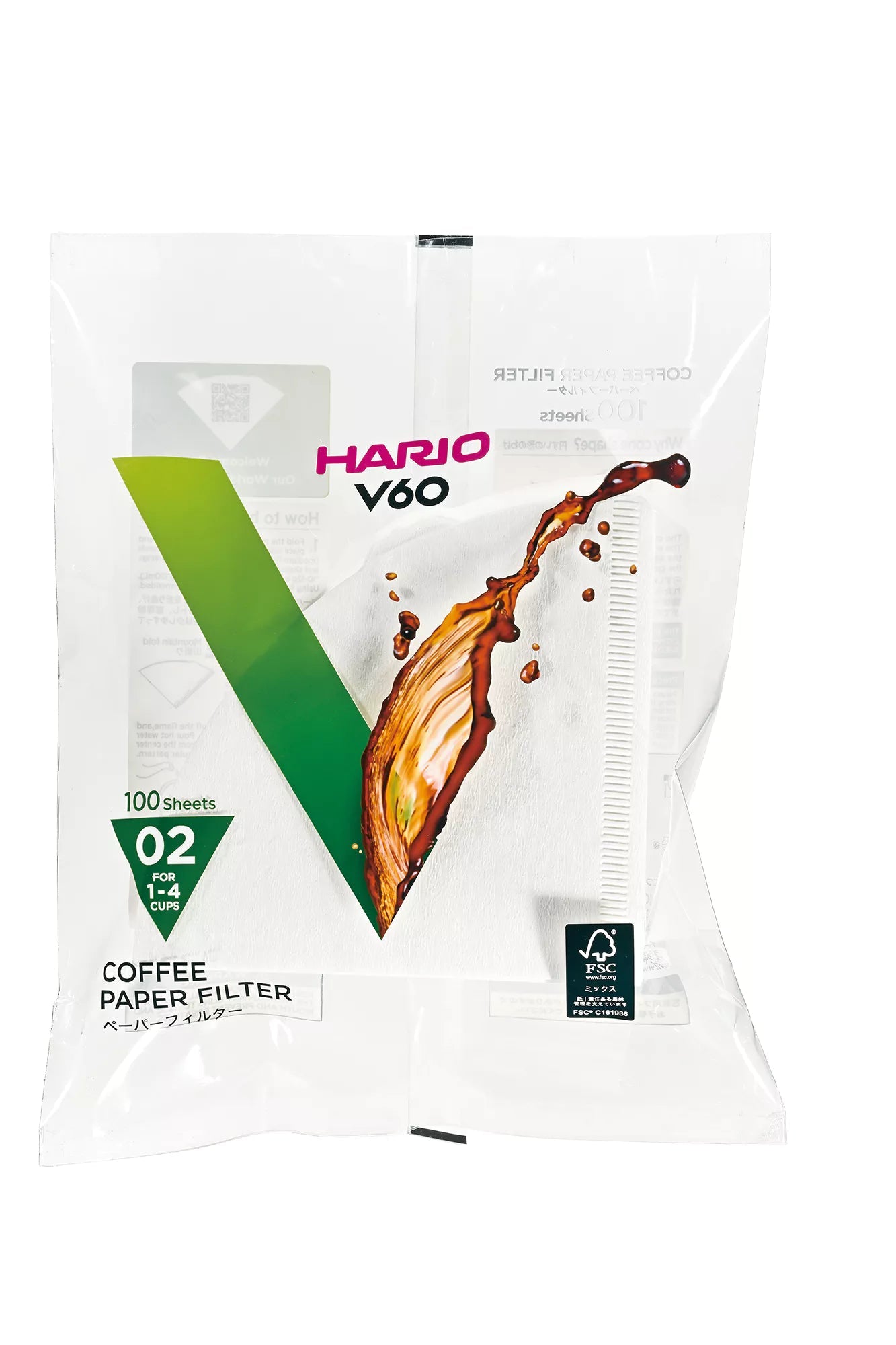 Sealed bag of Harico V60 size 02 coffee filters.