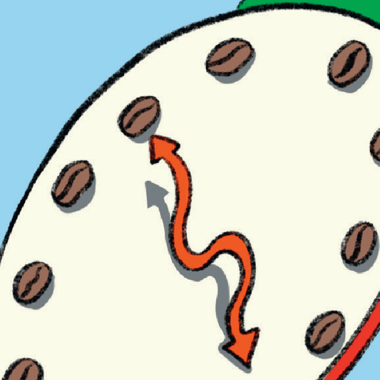 Illustration de l’étiquette Jumarp Décaféiné avec grains de café et motif graphique rouge