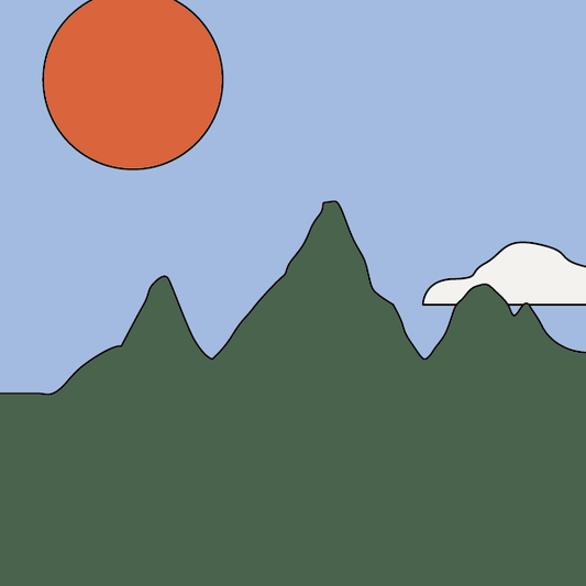 An illustration of a mountain landscape with a sun and a cloud.