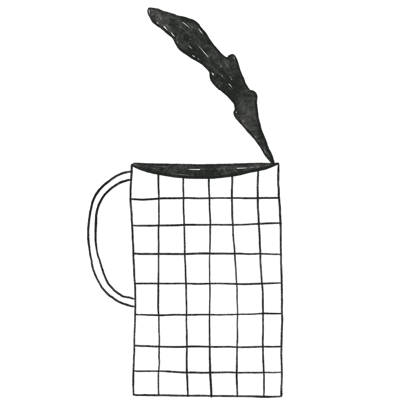 Illustration de l’étiquette Mogiana avec tasse quadrillée et trait de café noir