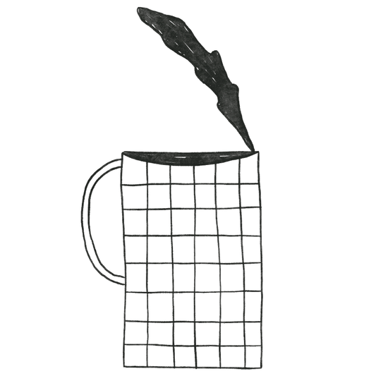Illustration de l’étiquette Mogiana avec tasse quadrillée et trait de café noir