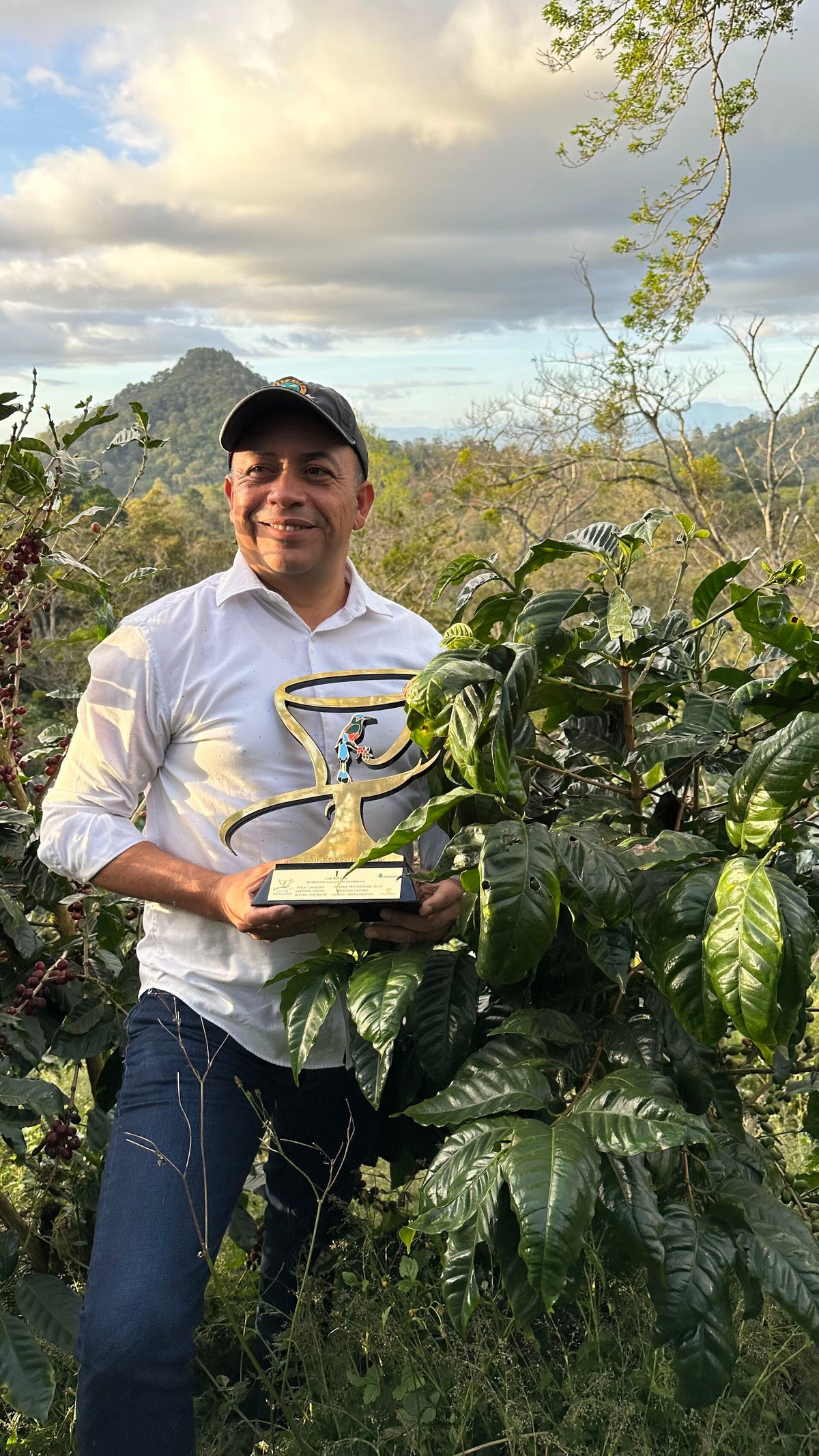 Olman Valladarez holding a trophy among coffee trees in Dipilto, Nicaragua.