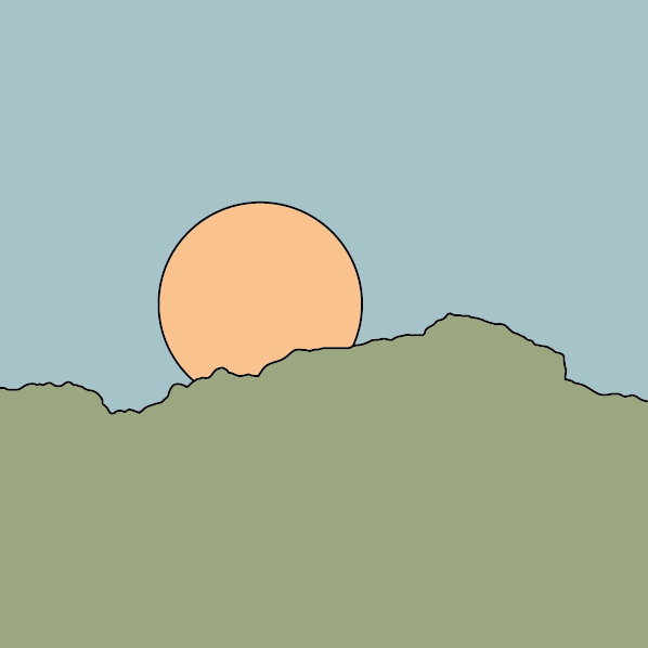 Illustration of a sunset over a green hill.