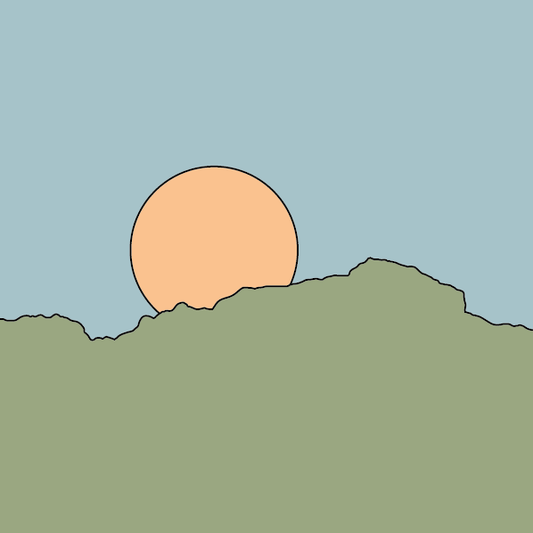Illustration of a sunset over a green hill.