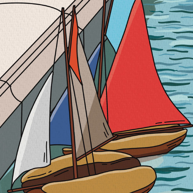 Illustration of three boats with different colored sails: white, brown, and red, on blue water near a white dock.