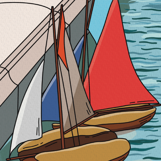 Illustration of three boats with different colored sails: white, brown, and red, on blue water near a white dock.