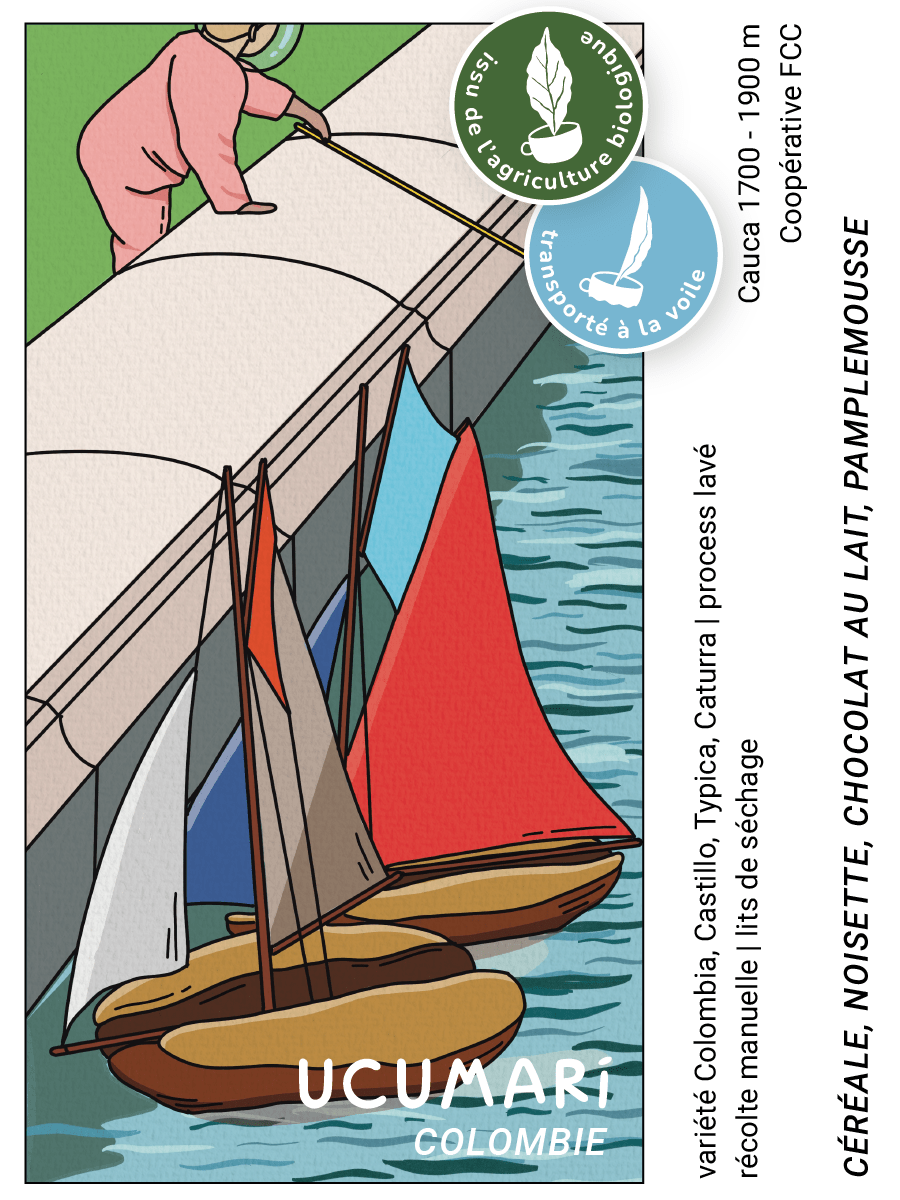 Illustration of three sailboats, a person on a bridge, and text indicating the product is "CÉRÉALE, NOISETTE, CHOCOLAT AU LAIT, PAMPLEMOUSSE" (cereal, hazelnut, milk chocolate, grapefruit).